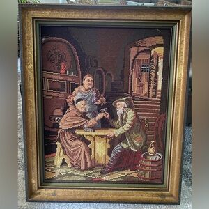Completed Cross Stitch Vintage Antique Custom Framed Gold Needlepoint Embroidery